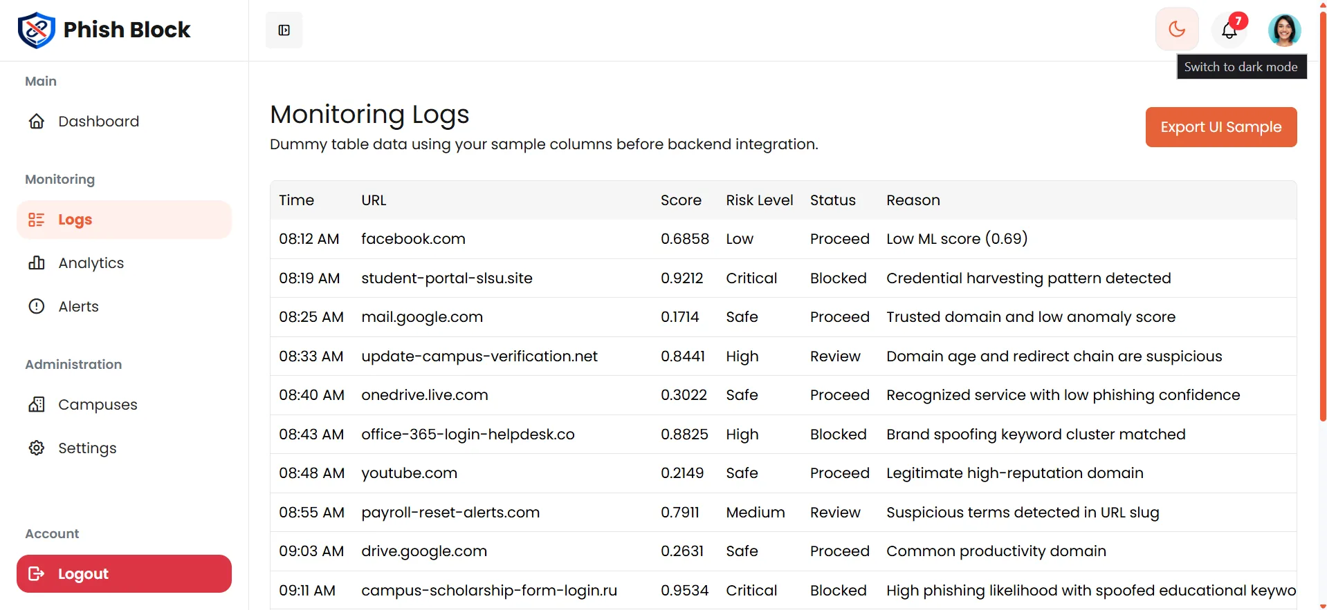 Phish Block monitoring logs preview